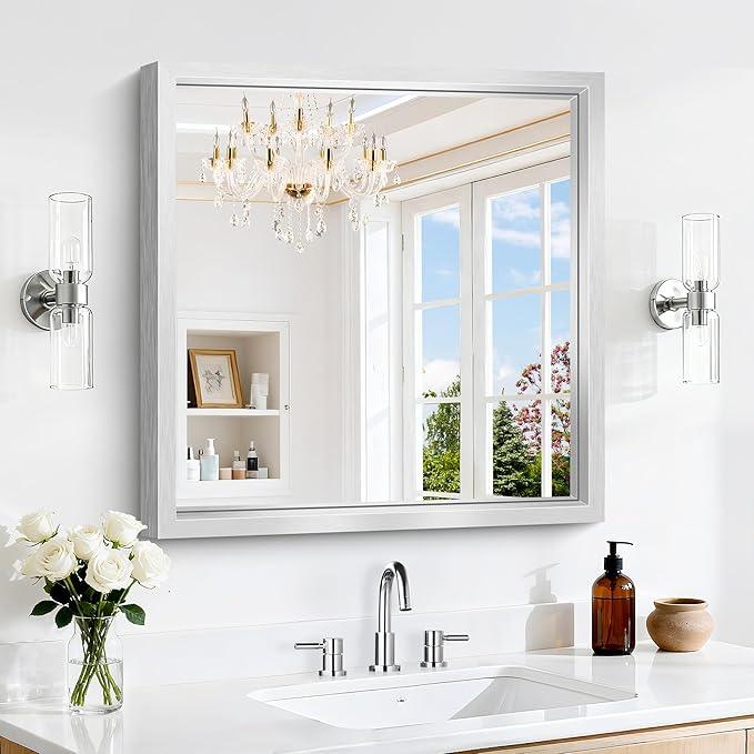 CIVENO 24 x 24 Silver Bathroom Mirror, Brushed Silver Square Mirror for Wall, 0.6" Thickened Deep Frame Mirrors for Bathroom Sink, Shatterproof Tempered Glass, Antirust, Horizontally or Vertically - ModernBath
