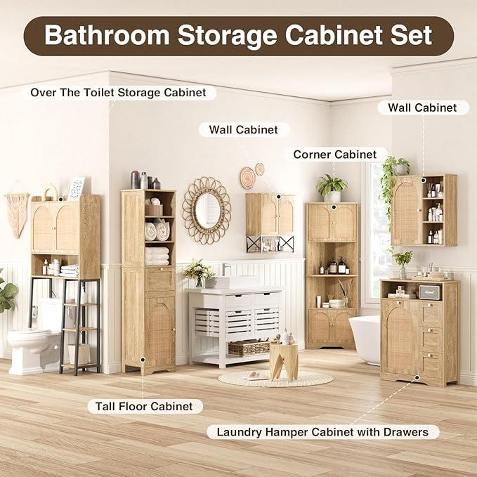 67''H Tall Corner Cabinet with Handmade Rattan Door, Rattan Storage Cabinet with Adjustable Shelves, Corner Bookshelf Space Saver for Barthroom, Kitchen, Natural | Tall, Handmade Rattan Door, Adjustable Shelves, Corner Bookshelf, Space Saver - ModernBath
