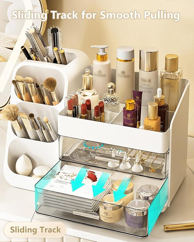 Anylady Makeup Organizer with Drawers, Skincare Organizer (Large Size Thick), Storage Box Cosmetic Display Cases, Make up Organizers for Vanity, Dresser, Desk, Kitchen, Countertop (White) - ModernBath