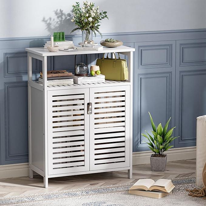 HITNET White Bathroom Cabinet, Bamboo Storage Cabinet Freestanding, Side Tall Storage Organizer for Kitchen Living Room Entryway - ModernBath