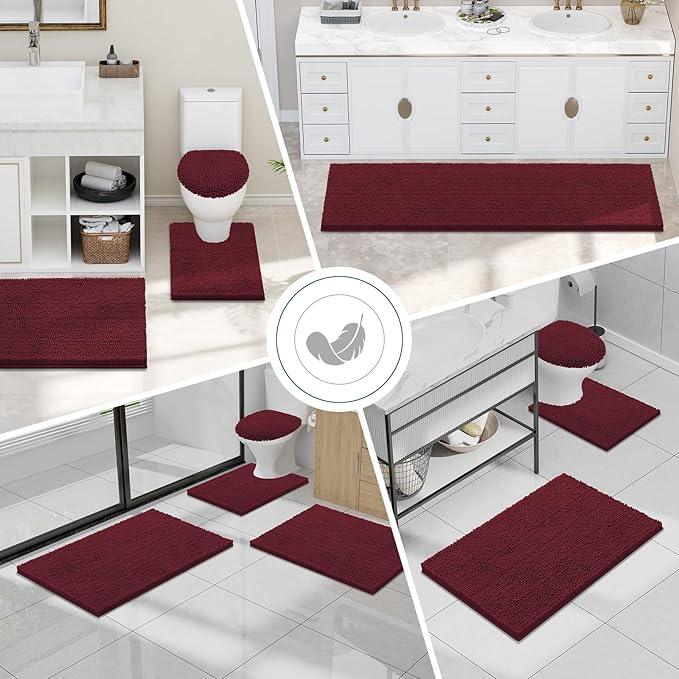 Smiry Luxury Chenille Bathroom Rugs 47x20, Extra Soft and Absorbent Shaggy Bath Mat, Machine Washable, Non-Slip Plush Carpet Runner for Tub, Shower, and Floor, Home Decor Accessories, Burgundy - ModernBath