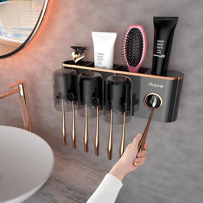 iHave Toothbrush Holders Bathroom Accessories with Toothpaste Dispenser, 3 Cups Toothbrush Holder Wall Mounted Bathroom Decor - ModernBath
