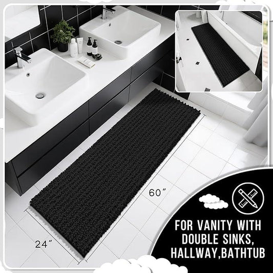 Yimobra Bathroom Runner Rug 60x24 Inch - Extra Long Non Slip Chenille Bath Mat, Soft & Absorbent, Machine Washable Shaggy Hallway Carpet for Vanity Tub Shower, Black Home Decor Accessories - ModernBath