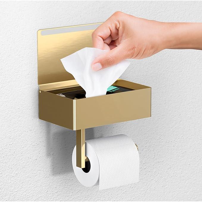 Day Moon™ Brushed Gold Toilet Paper Holder with Shelf, Wipe Holder for Bathroom Flushable Wipes Dispenser, Toilet Paper and Wipes Holder, Toilet Paper Holder with Storage - ModernBath