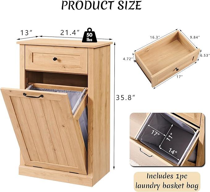 Tilt Out Laundry Hamper Cabinet, 10 Gallon Farmhouse Trash Can Cabinet with Drawer, Hidden Wood Garbage Can Bin Cabinets with Laundry Storage Basket for Bathroom, Kitchen, Natural - ModernBath