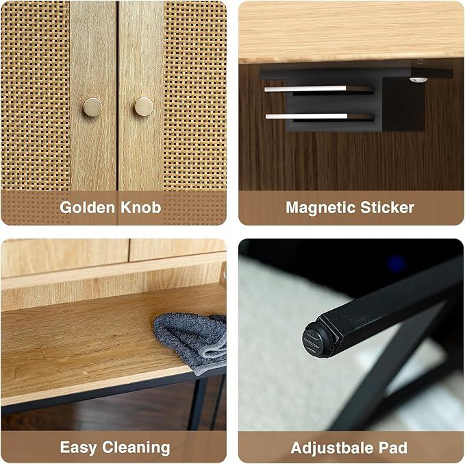 Rattan Toilet Storage Cabinet, Over the Rack Wood Cabinet with Metal Stand, Bathroom Organizer with Adjustable Shelf, Tall Freestanding Washer Shelf, Small Cupboard, Space Saver, Natural style - ModernBath