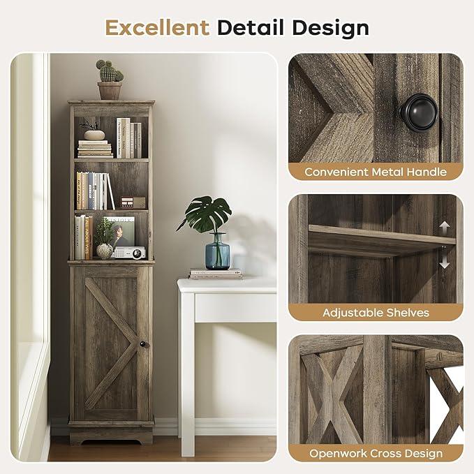 Narrow Bathroom Storage Cabinet with Door and Open Adjustable Shelves, 60.9" H Wooden Tall Tower Corner Farmhouse Cabinet, Freestanding Organizer for Kitchen, Entryway Grey - ModernBath