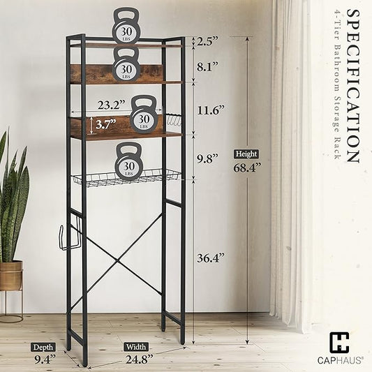 CAPHAUS Over The Toilet Storage, 4-Tier Bathroom Organizer, Freestanding Toilet Shelf, Multifunctional Space Saver Toilet Rack with 4 Hooks, Laundry Organizer, Plant Stand for Balcony (Rustic Oak)
