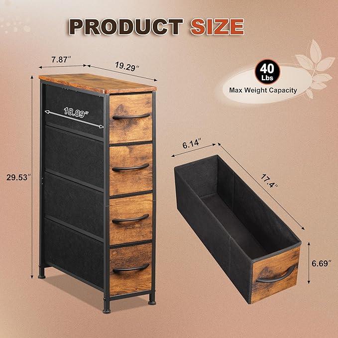 Narrow Dresser Storage Tower with 4 Drawers, Slim Dresser Chest of Drawers with Steel Frame, Wood Top, Dresser for Bedroom, Bathroom, Small Spaces, Laundry, Closet (Rustic Brown) - ModernBath