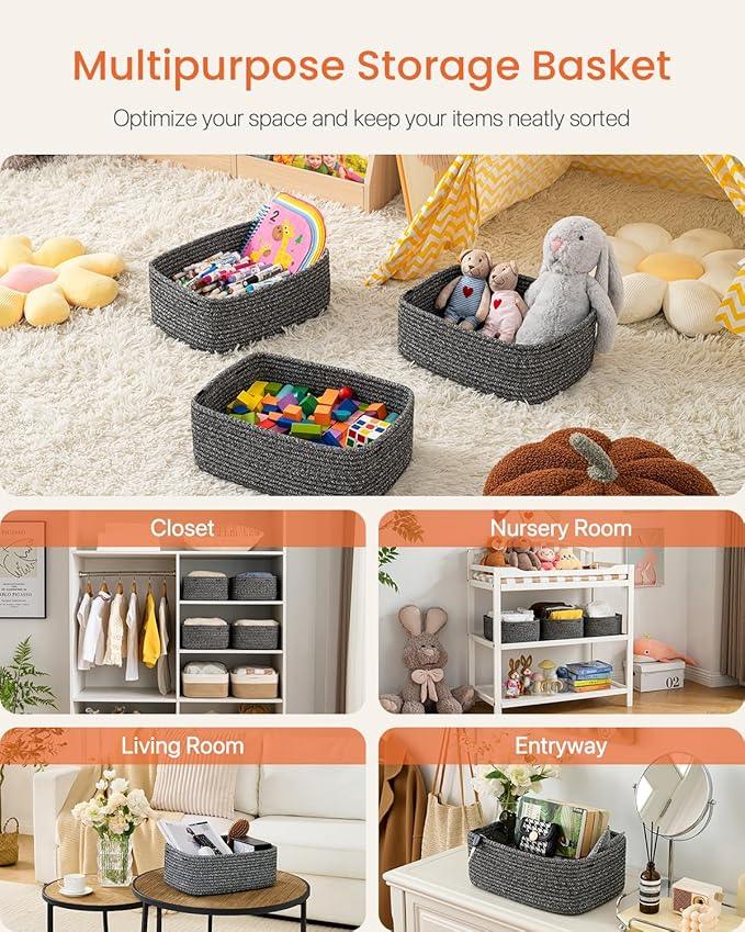 Small Woven Basket, 13.5 x 9.5 x 5 Inches, Storage Basket for Organizing, Cute Small Rope Shelf Closet Cube Storage Bins Baskets for Shelves, Dog Toy Gift Baskets Empty, 3 Pack Mixed Black - ModernBath