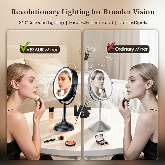 VESAUR Professional 8.5" Lighted Makeup Mirror, 1X/10X Double Sided HD Undistorted Magnifying Mirror with 3 Color 90 Dimmable LED lights, 360° Rotation Vanity Mirror, Unique Black Nickel with Gift Box - ModernBath