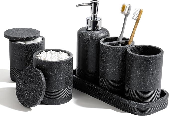 Bathroom Accessories Set, 6-Piece Bathroom Accessory Set, Toothbrush Holders Set, Soap Dispenser, Vanity Tray, Tumbler, Cotton Swab Jars, Bathroom Organizer for Modern Bathrooms(Black) - ModernBath