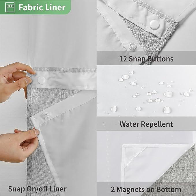 eachope No Hook Extra Long Shower Curtain Set with Snap-in Liner,Linen Textured Thick Striped Fabric with Tassels,Boho Chic Modern Farmhouse Bathroom Curtain,Water-Repellent,Grey/Gray,71x86 - ModernBath