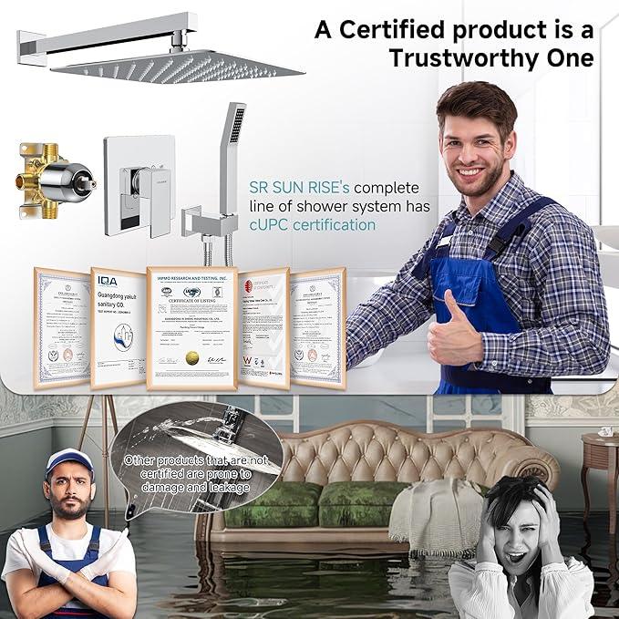 SR SUN RISE Shower Faucet Set & System - 12 Inch Rainfall Shower Head & Handle Set Wall Mounted Polished Chrome Solid Brass Valve Trim Kit Included - ModernBath