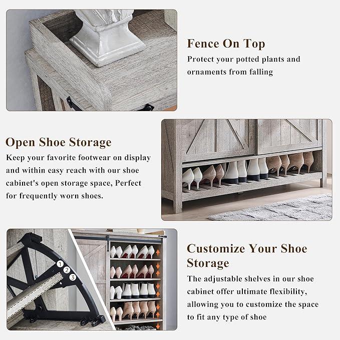 OKD Shoe Storage Cabinet with 2 Flip Drawers & Sliding Door, Farmhouse Entryway Shoe Organizer, Freestanding Rustic Hidden Shoe Rack Cabinet for Entryway, Light Rustic Oak - ModernBath