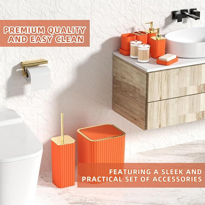 XLHOMO Bathroom Accessories Set - 25PC Bathroom Sets with Shower Curtain and Rugs, Orange Bathroom Accessories with Trash Can, Soap Dispenser, Soap Dish & Toilet Brush - ModernBath