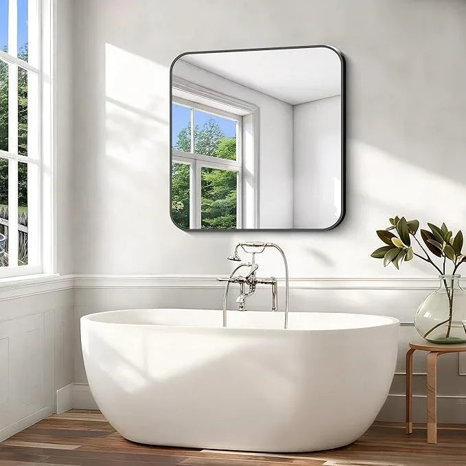 CIVENO Black Bathroom Mirror, 38x40 inch Aluminum Metal Frame Rectangular Vanity Mirror, Large Wall Mounted Rectangle Mirrors with Rounded Corner for Over Sink Bedroom Living Room Horizontal/Vertical - ModernBath