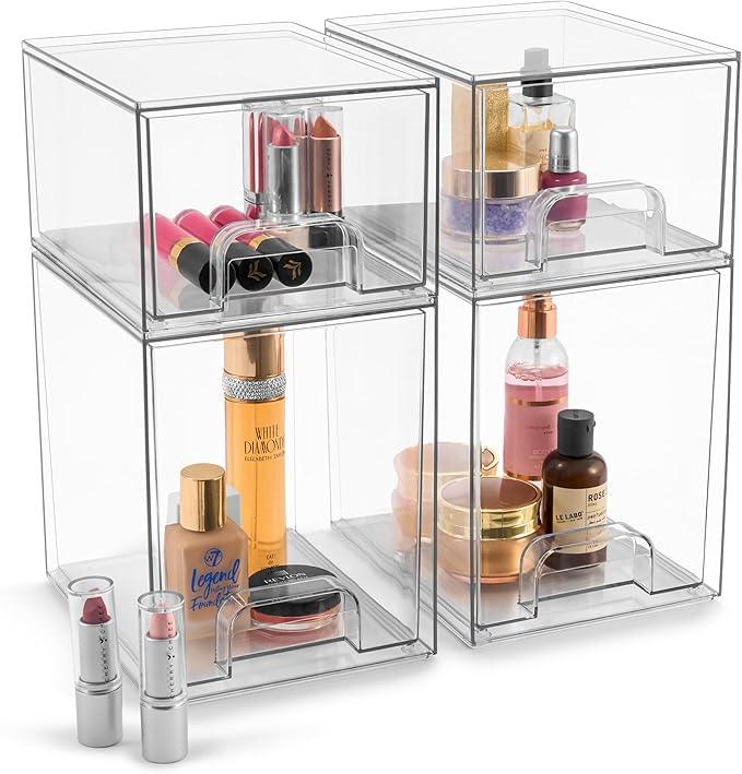 Sorbus Acrylic Storage Containers - 4 Pack, Stackable Storage Bins Set for Bathroom Organization - Clear Acrylic Drawer Organizers - Makeup Case Pull-Out Drawers (7.6’’ and 4.4’’ Tall) - ModernBath