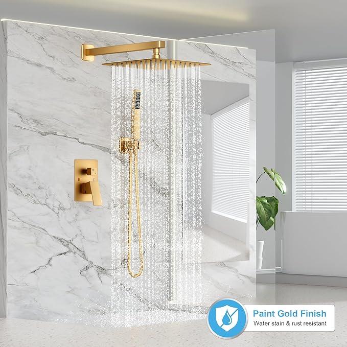 FPXRNG Gold Shower Faucet Set, Rainfall Shower System with Rain Shower Head and Handle Set, Wall Mounted Shower Fixtures, Full Metal Trim Repair Kit 12 inch Paint Gold (With Shower Valve) - ModernBath