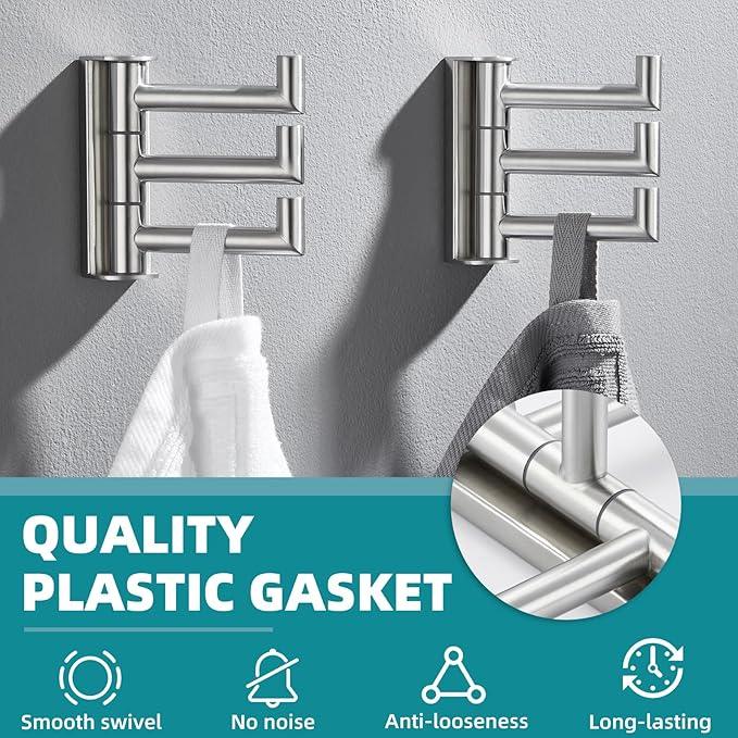 APLusee Swivel Towel Hook 2 Pack Brushed Nickel, 304 Stainless Steel Hook with Three Arms, Wall Mount - ModernBath