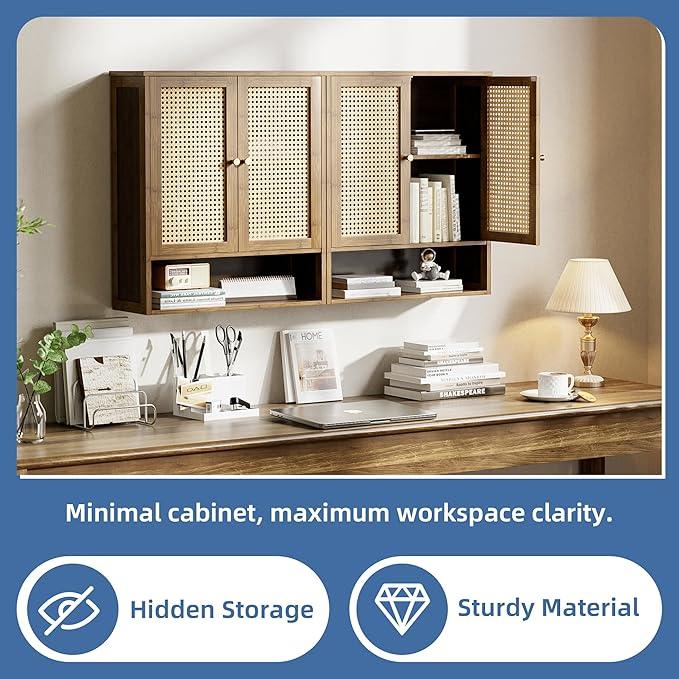 HITNET Bamboo Medicine Cabinet, Wall Mounted Bathroom Cabinet with Adjustable Shelf, Double Rattan Door Hanging Storage Organizer Over Toilet for Entryway, Laundry Room (Walnut) - ModernBath