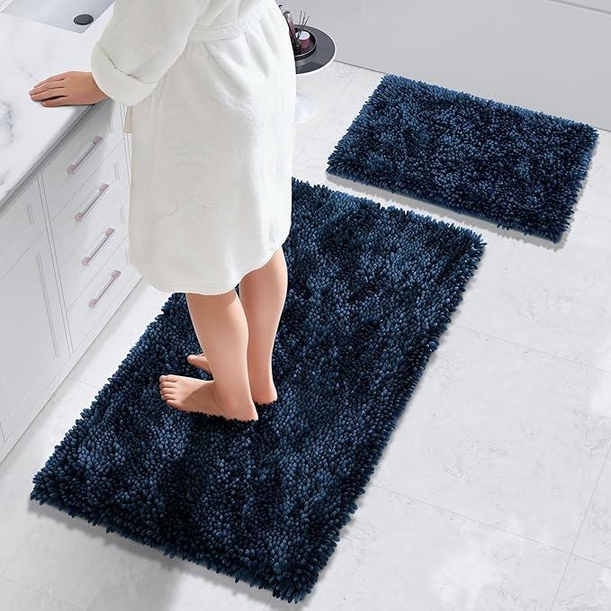 Yimobra Bathroom Rug Set 2 Piece, Luxury Shaggy Bath Mat Set with Non Slip Backing, Ultra Soft & Absorbent Mats for Bathroom Floor, Machine Washable, 44"x24"+24"x17", Blue - ModernBath