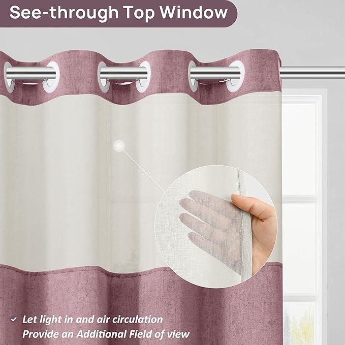 Blush Pink No Hooks Linen Shower Curtain with Snap in Liner Set Rustic Farmhouse Shower Curtains for Bathroom Cream Burlap Cloth Double Bath Curtains with See Through Top Window 72x75 - ModernBath