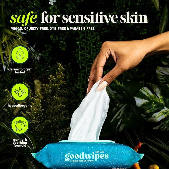goodwipes Flushable Butt Wipes - Vitamin E & Aloe - Sewer & Septic Safe - Extra Large Adult Wet Wipes For Women & Men - Bathroom Essentials - Cedar, 153 Count (3 Packs + 3 Individually Wrapped) - ModernBath