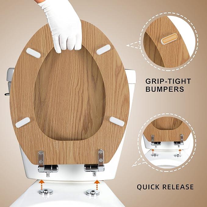 Elongated Toilet Seat Molded Wood Toilet Seat with Quietly Close and Quick Release Hinges, Easy to Install also Easy to Clean by Angol Shiold (Elongated, Original style) - ModernBath