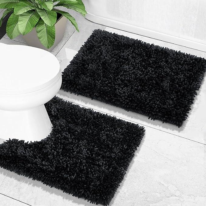 Yimobra Bathroom Rugs Sets 2 Piece, Soft Absorbent Bath Mat and U-Shaped Toilet Rug with Non Slip Backing, Luxury Shaggy Bath Mats for Bathroom, Machine Washable, 24"x17"+24"x20", Black - ModernBath