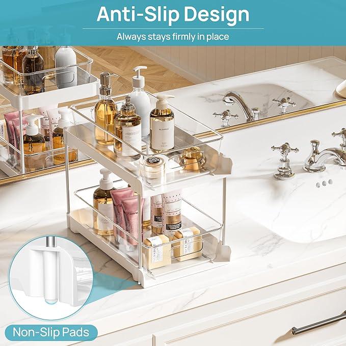 Vtopmart 2 Pack Bathroom Organizer, 2 Tier White Under Sink Organizers Vanity Countertop Storage Container,Cabinet Drawers Bins, Pull-Out Organization with Track for Pantry, Kitchen - ModernBath