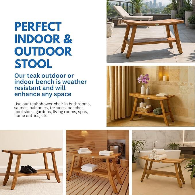 EcoDecors 34 Inch Satori Natural Teak Waterproof Teak Wood Shower Bench Stool Seat Chair For Inside Shower Provides Safety, Storage, and Organization For Bathroom Accessories - ModernBath