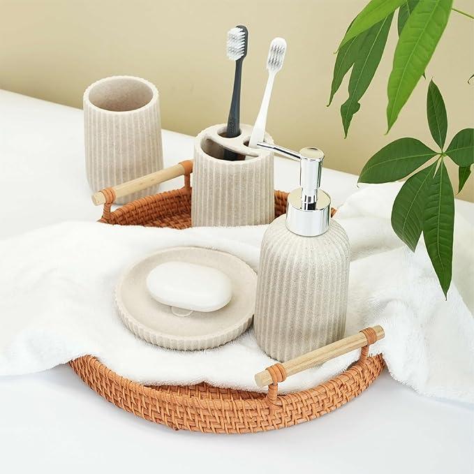 SEICASAYA 4-Piece Bathroom Accessory Set - Modern Resin & Sandstone Collection - Includes Soap Dispenser 8.5oz, Toothbrush Holder, Tumbler, Soap Dish (Beige) - ModernBath