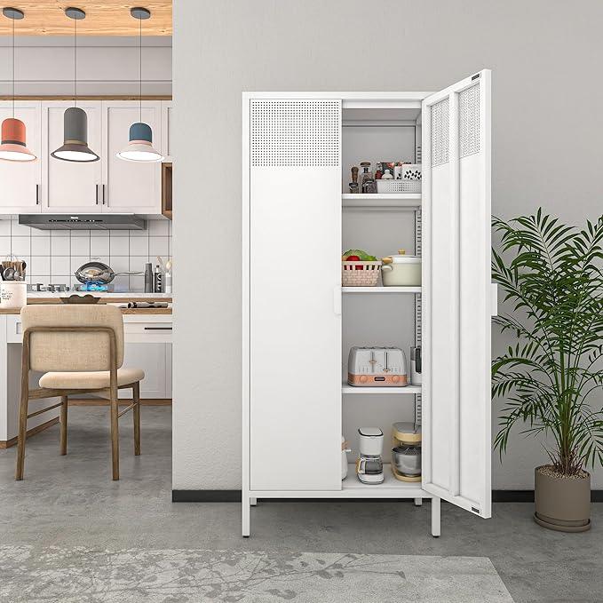 COFaR 4 Tier Black Metal Storage Cabinet, Free Standing with 2 Doors, 3 Adjustable Shelves and Legs, Cupboard Metal Cabinet for Living Room, Kitchen, Dining Room, Office - ModernBath