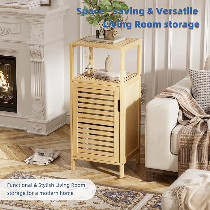 HITNET Bathroom Cabinet Freestanding, Small Bamboo Floor Cabinet, 4 Tier Single Door Sofa Side Table Storage Organizer, Space Saving Kitchen Cupboard, Natural - ModernBath