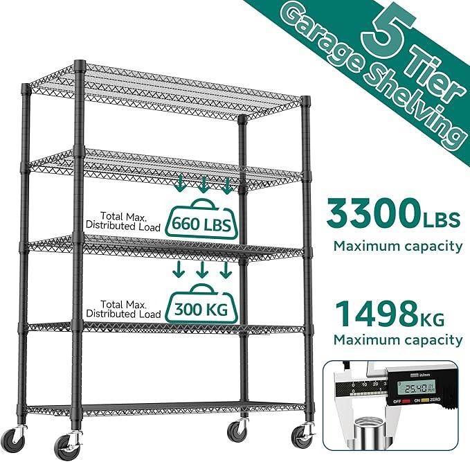 5 Tiers Shelf 3300 lbs Steel Storage Shelving Utility Shelving Unit Steel Organizer Wire Rack for Home,Kitchen,Office,Garage Black 23.6" D x 53.1" W x 73.6" H - ModernBath
