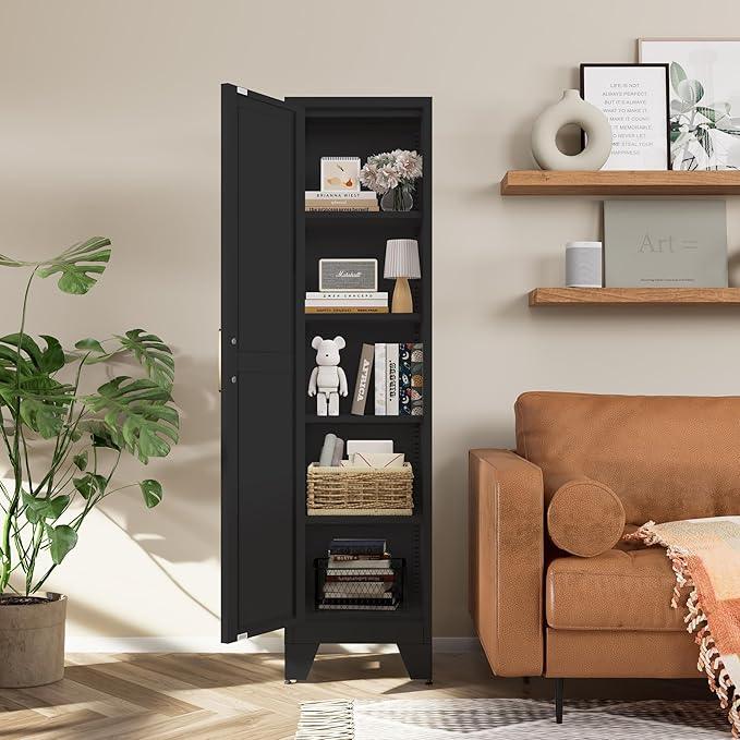COFaR Tall Bathroom Cabinet, Metal Farmhouse Narrow Slim Storage Cabinet with Adjustable Shelves Barn Door for Bathrooms, Kitchens, Entrances Living Room (Black) - ModernBath