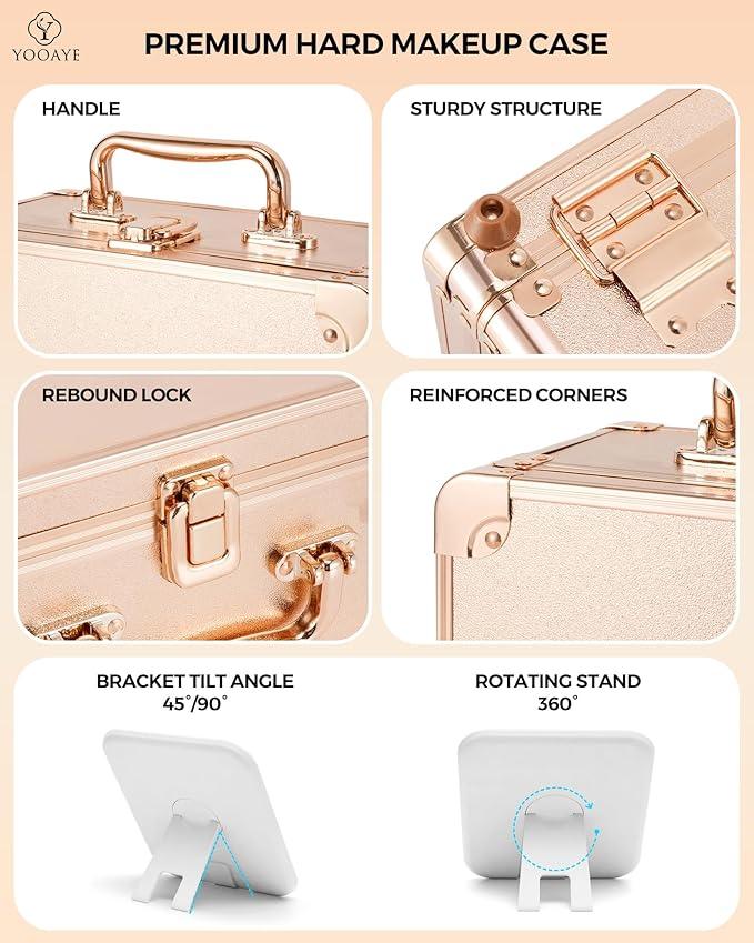 Yooaye Makeup Box with Detachable Lighted Mirror–Travel Train Case, Cosmetic Storage Organizer & Makeup Suitcase with Adjustable Dividers & Magnetic LED Mirror (Rose Gold) - ModernBath