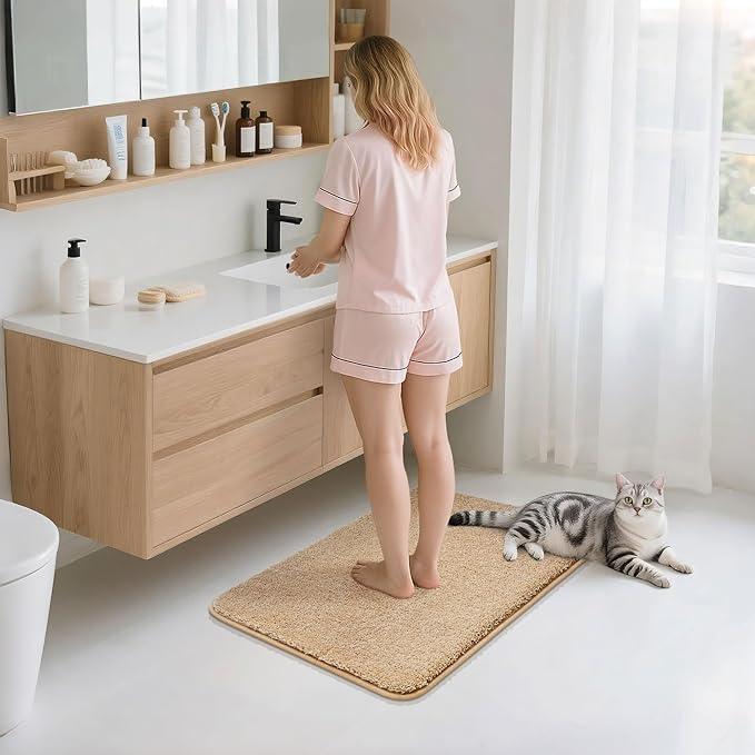 COSY HOMEER Extra Thick Bath Rugs for Bathroom - Anti-Slip Bath Mats Soft Plush Yarn Shaggy 100% Strong Mirco Polyeste Mat Living Room Bedroom Mat Floor Water Absorbent(Beige,16x24 - Inches) - ModernBath