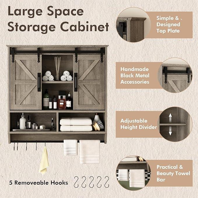 RUSTOWN Farmhouse Bathroom Wall Cabinet,3-Tier Rustic Wood Wall Mounted Cabinets,Vintage Medicine Cabinet with Sliding Barn Door and Adjustable Shelves,Over The Toilet Storage Cabinet (Washed Oak) - ModernBath