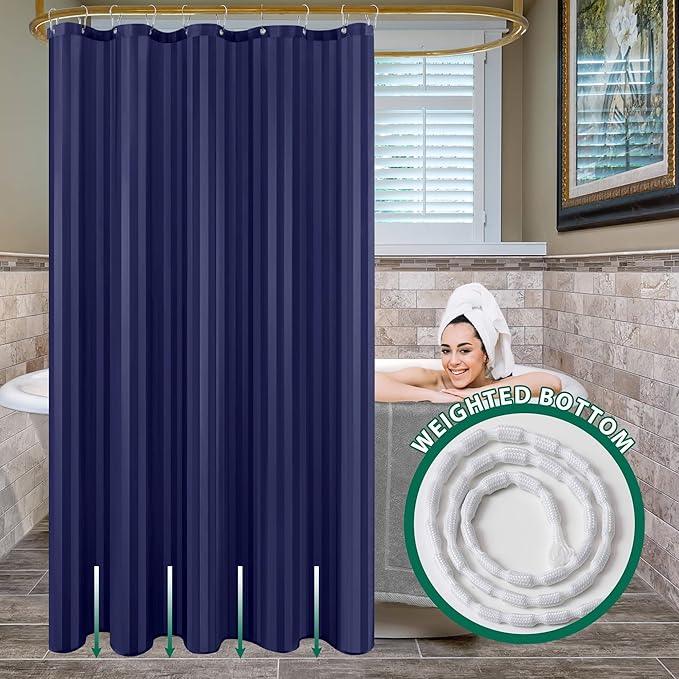 Biscaynebay Fabric Shower Curtain or Liner 72" by 72", Navy Water Repellent Damask Stripes Bathroom Curtains Machine Washable - ModernBath