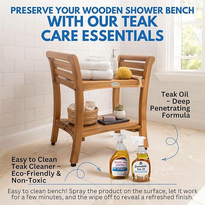 EcoDecors Symmetry 24 Inch Natural Color Waterproof Teak Wood Shower Bench Stool Seat Chair For Inside Shower Storage Shelf Provides Safety, Storage, and Organization For Bathroom Accessories - ModernBath