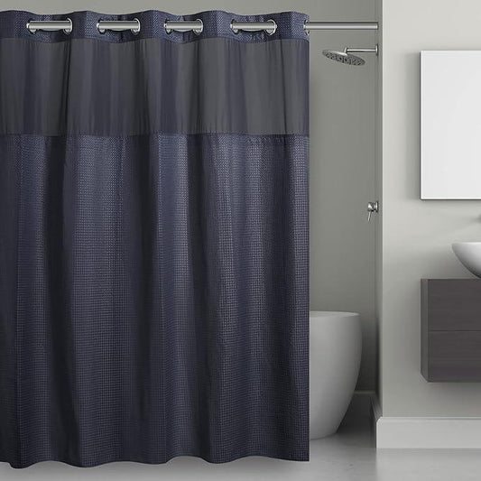 Hookless It’s A Snap! Waffle Shower Curtain, 3-in-1 Shower Curtain Includes Fabric Shower Curtain with Sheer Top Window, Flex-On Rings & Fabric Liner, 71” x 74”, Navy - ModernBath