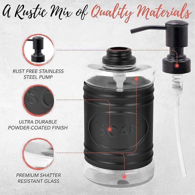 Autumn Alley Farmhouse Matte Black Bathroom Accessories Set (4 PCS) - Lotion Soap Dispenser, Black Toothbrush Holder Set, 2 Glass Apothecary Jars (Qtip Holder) - Rustic Bathroom Accessories Set - ModernBath