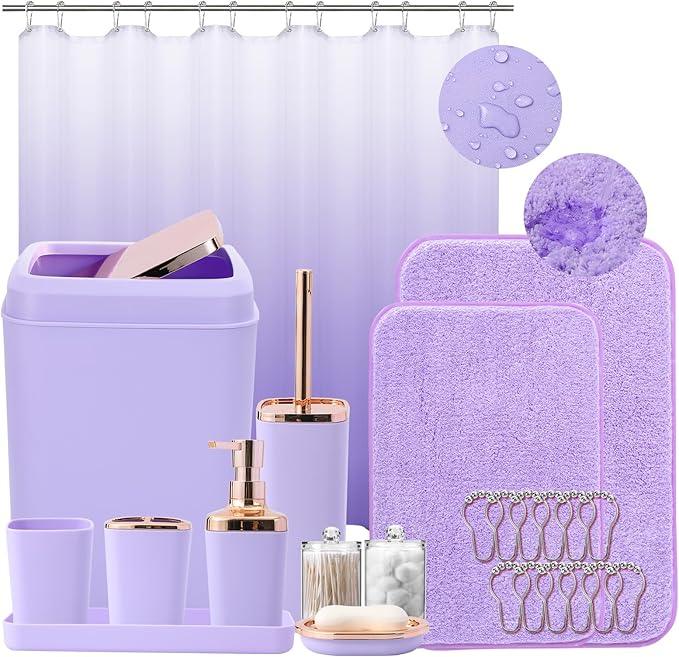 XLHOMO Bathroom Accessory Set–Bathroom Sets with Shower Curtain and Rugs, Non Slip Bathroom Rugs Super Absorbent, Light Purple Ombre Shower Curtain with Hooks, Lavender Bathroom Sets Complete for Home - ModernBath