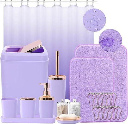 XLHOMO Bathroom Accessory Set–Bathroom Sets with Shower Curtain and Rugs, Non Slip Bathroom Rugs Super Absorbent, Light Purple Ombre Shower Curtain with Hooks, Lavender Bathroom Sets Complete for Home - ModernBath