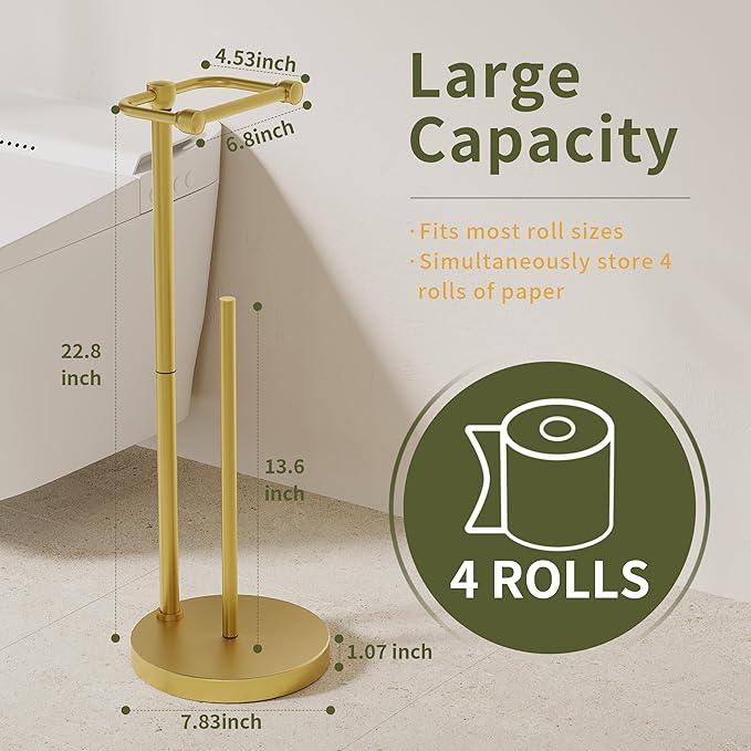 Toilet Paper Holder Stand, Modern Bathroom Free Standing Toilet Paper Holder with Storage for 4 Rolls, Post Pivoting Toilet Paper Stand Stainless Steel Tissue Rack, Heavy Stable Base(Brushed Gold) - ModernBath
