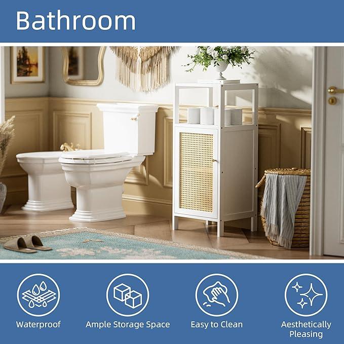 HITNET Bamboo Cabinet, Bathroom Storage Cabinet with Rattan Doors, Narrow Side Storage Organizer Freestanding Floor Cupboard for Small Space, White - ModernBath