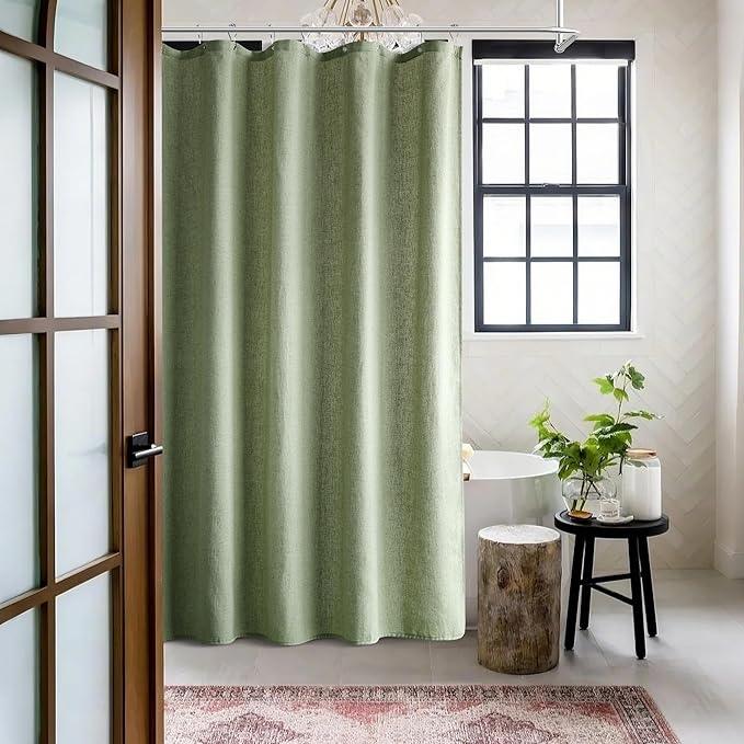 Jowels Sage Green Linen Shower Curtain, Boho Farmhouse Shower Curtain Set for Bathroom, 200GSM Luxury Weighted Water Resistant Fabric Textured Shower Curtains with 12 Metal Hooks, 72Wx90H - ModernBath