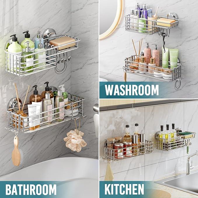 TAILI Shower Caddy Suction Cup 2 Pack with Hooks and Soap Holder, Heavy Duty Shower Organizer for Bathroom, No Drilling Silver bathroom suction shelves - ModernBath
